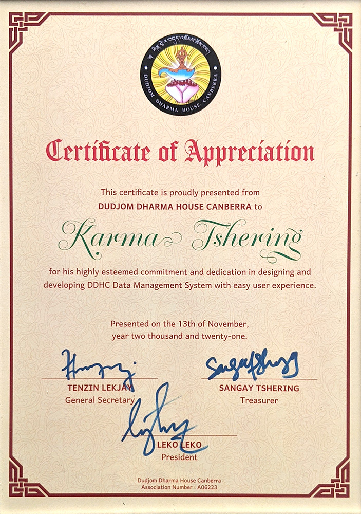 Picture of "Certificate of appreciation" awarded by DDHC to Karma Tshering